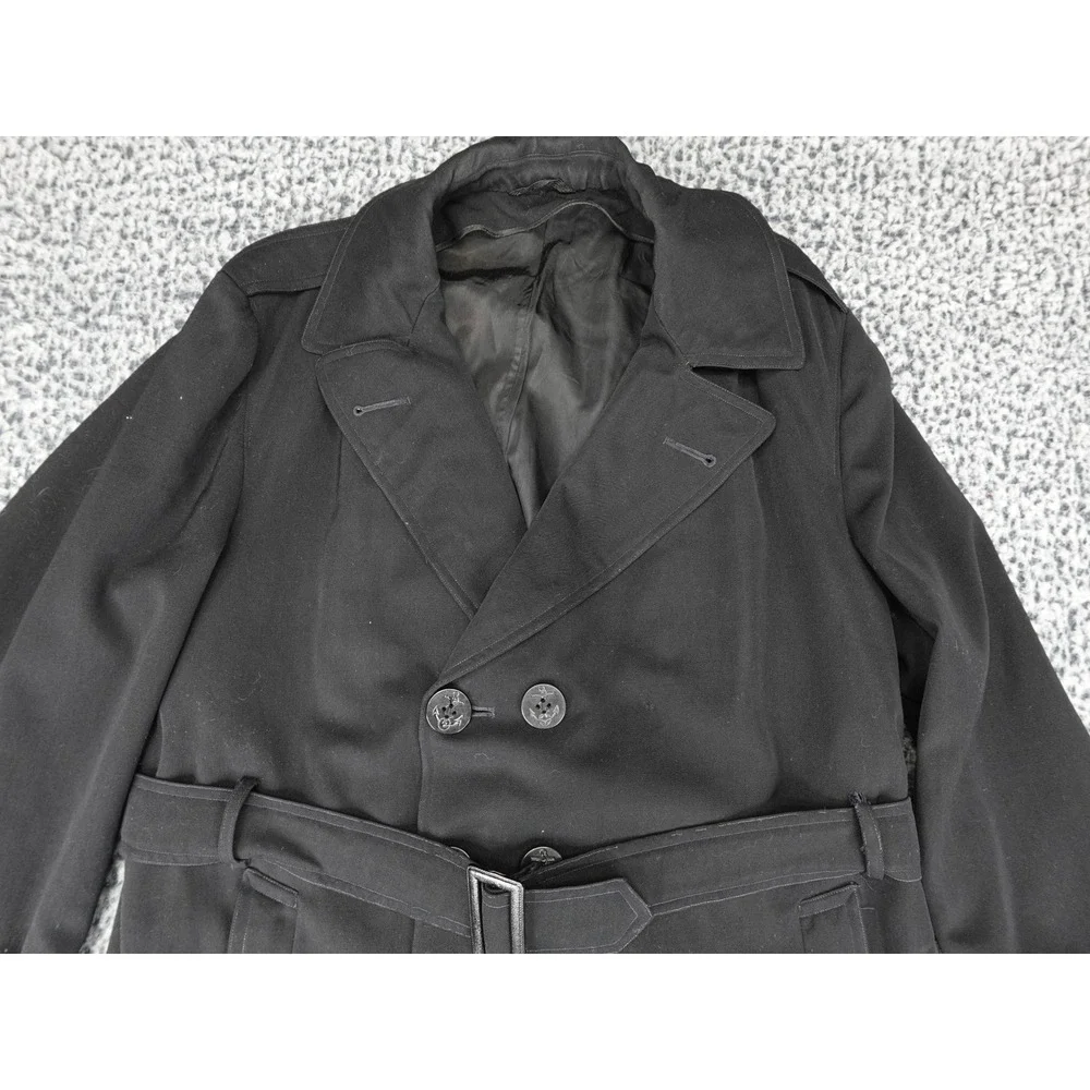 Naval Clothing Depot Trench Coat Mens 44 Long Black Vintage 100% Wool Belted